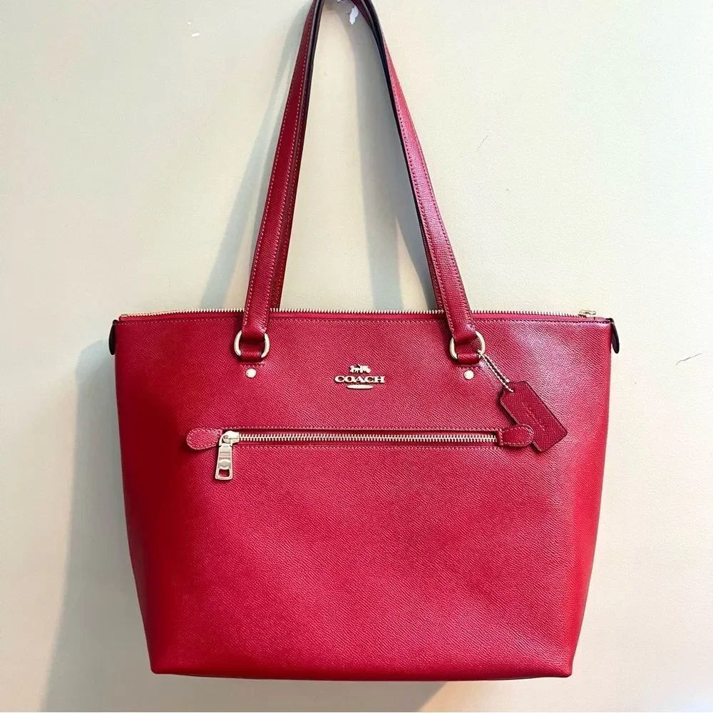 Coach Red Leather Tote with Front Zip Pocket